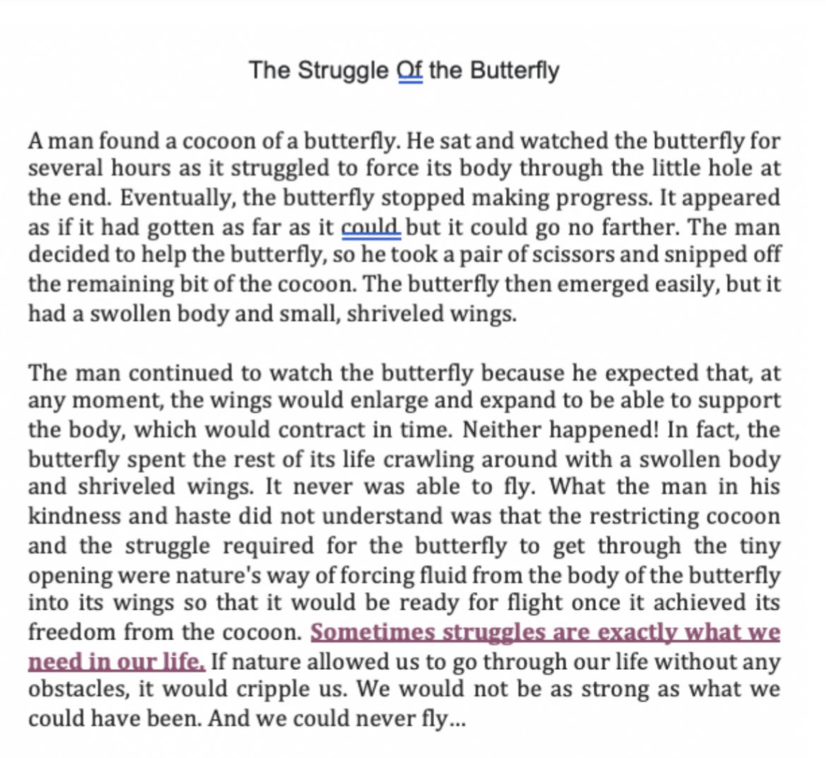 A wonderful story and lesson of coaching (author unknown). Provide them the right environment, watch, observe, smile, let them struggle, &amp; let the beauty unfold naturally.