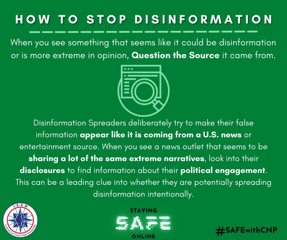 illinoissbe's tweet photo. It's #SAFEwithCNP Friday! Learn how to question the source so that you can help stop disinformation. #cybersecuritytips #disinformation #questionthesource https://t.co/xTTuhS5e0b