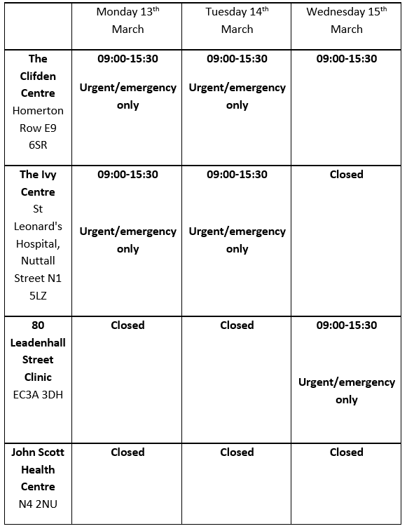 Please see below our reduced clinics if the Junior Doctors Strike is going ahead next week:
