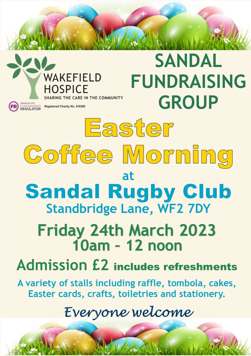 WfldHospice's tweet image. Something to look forward to 🐣💐 The lovely volunteers from our Sandal Fundraising Group can’t wait to welcome you to their Easter Coffee Morning in two weeks’ time. #dateforyourdiary