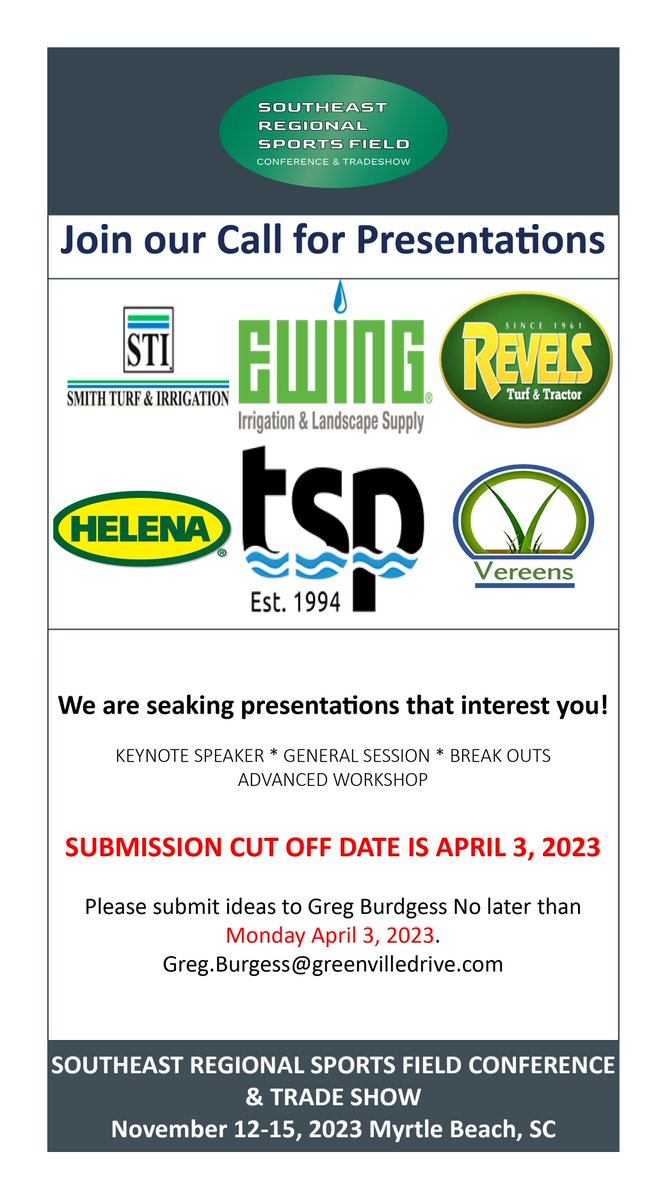 NC_STMA's tweet photo. Southeast Regional Sports Field Conference 

Join our call for presentations for 2023
 
@SC_STMA https://t.co/OBuSptsNF6
