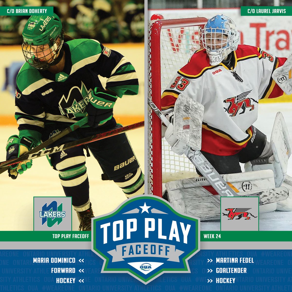 OUAsport's tweet photo. Will the reigning champ be retired to the rafters with a fifth straight win or will the goal-of-the-year candidate conquer the challenge for the Week 24 Top Play Faceoff 👑?!

Maria Dominico, @nulakers (🏒)
🆚
Martina Fedel, @guelph_gryphons (🏒)

Who. Ya. Got? 🤔

#WeAreONE