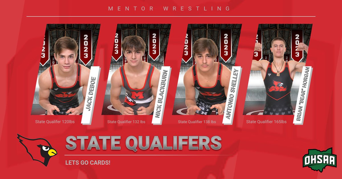 MentorAthletics's tweet photo. Good luck to our boys wrestlers in this weekend's state tournament! Let's go Cards! #onceacard #thestandard https://t.co/5hIzigj7kP