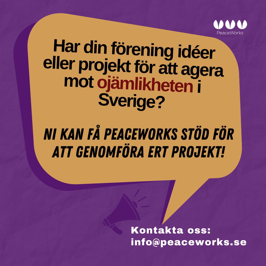 PeaceWorks_swe's tweet photo. Har din förening idéer eller projekt för att agera 𝗺𝗼𝘁 𝗼𝗷𝗮̈𝗺𝗹𝗶𝗸𝗵𝗲𝘁𝗲𝗻 i Sverige? Ni kan få PeaceWorks stöd för att genomföra ert projekt!

Kontakta oss: info@peaceworks.se eller läs mer: https://t.co/A76MnUKlqY

#EngageraDig #unga #PeaceWorksSweden  #Jämlikhet https://t.co/gMFcs7AZOZ