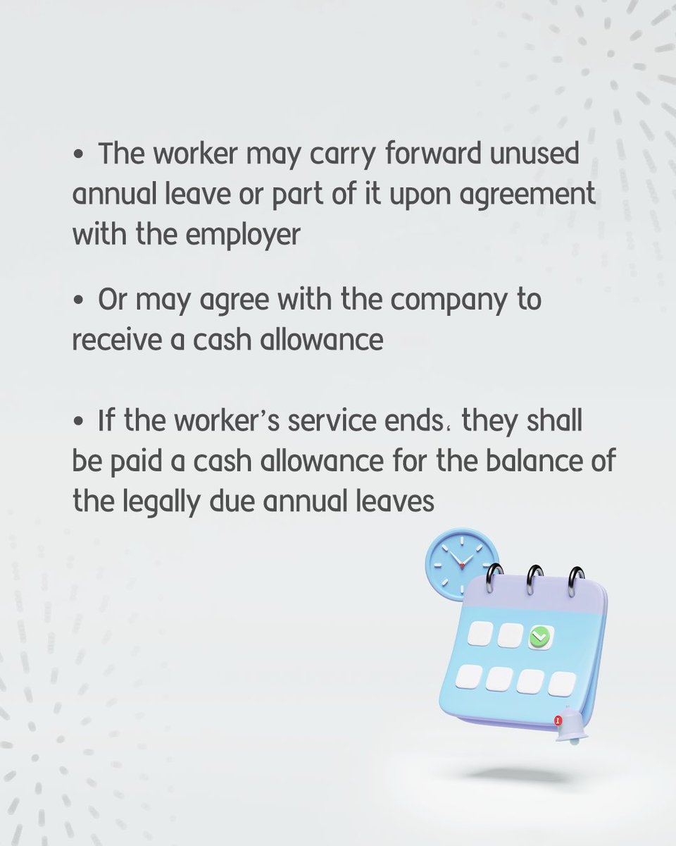 The Regulation of Labour Relations Law and its implementing regulations stipulated the procedure to be followed regarding unused annual leave in two cases: if the worker is still employed or if their service end. Learn more and share your enqruiries. #MoHRE #UAE