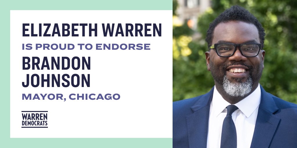 .<a href="/Brandon4Chicago/">Brandon Johnson</a> is a former public school teacher with a bold, forward-looking, progressive plan to move Chicago forward—and the experience to make it happen. I’m happy to endorse him for mayor.