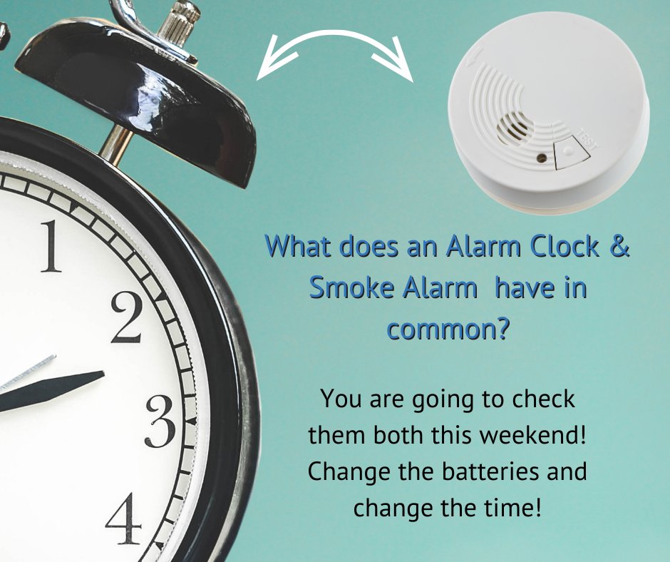 gbtownship's tweet image. What do an alarm clock and a smoke alarm have in common? 
You need to change them both this weekend! Change the batteries in your smoke alarm, and the time on your clock!

#FireFriday #StaySafeGB #GeorgianBay
