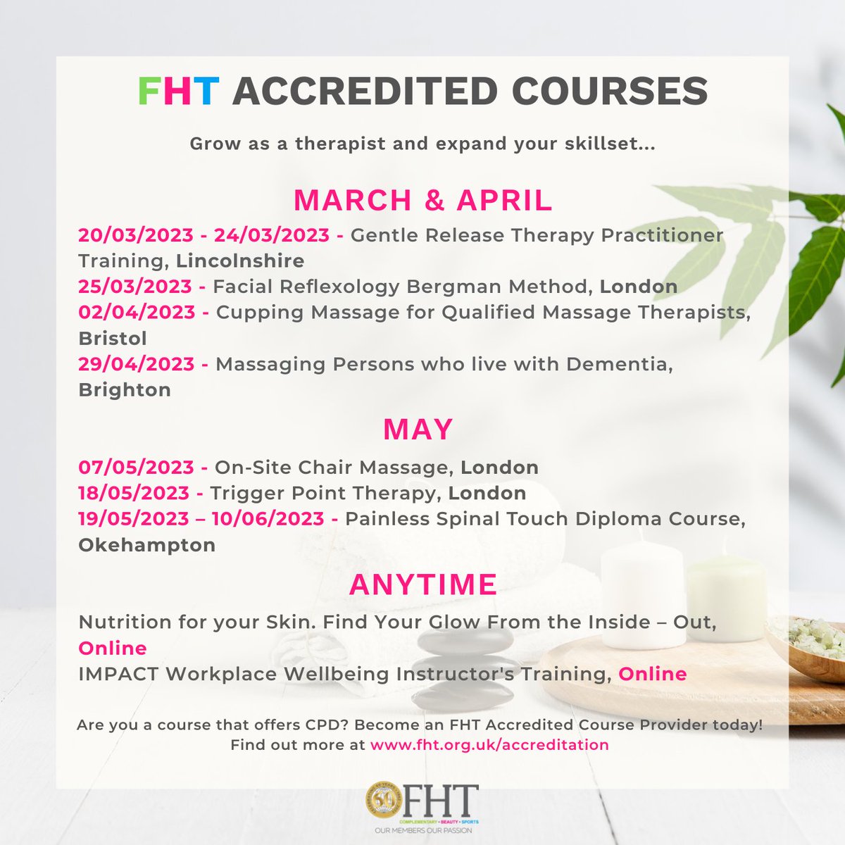 FHT (@fht_org) on Twitter photo Here is this week's list of great FHT accredited courses to take a look at. Will you be booking your place onto one? Let us know!🙌✨
Book here: lnkd.in/dcay9nZd
#therapy #therapist #therapists #holistic Here is this week's list of great FHT accredited courses to take a look at. Will you be booking your place onto one? Let us know!🙌✨
Book here: lnkd.in/dcay9nZd
#therapy #therapist #therapists #holistic