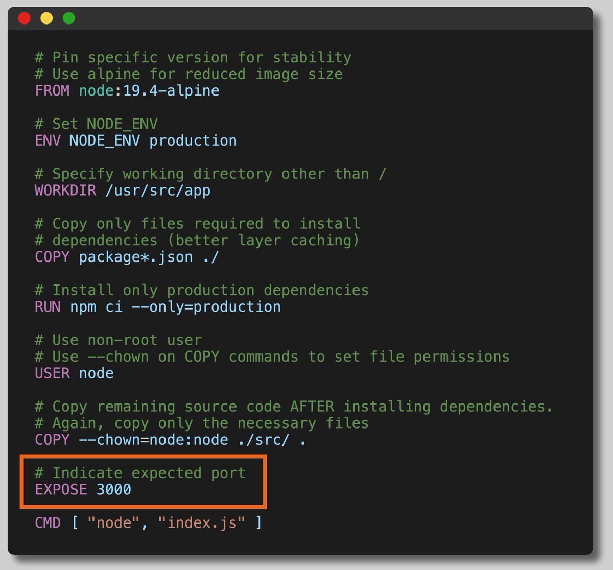 This is a valid dockerfile for a nodejs application it is also a pile