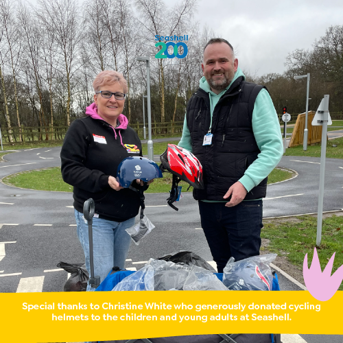 seashelltrust's tweet photo. Christine was so impressed with Seashell after attending @BritishCycling Limitless launch event she returned with a generous donation of cycling helmets for the children &amp; young adults at Seashell💙
#TeamSeashell #CharityDonation #DisabilitySupport  #InclusiveCycling #Stockport https://t.co/Zg1EqleGzj