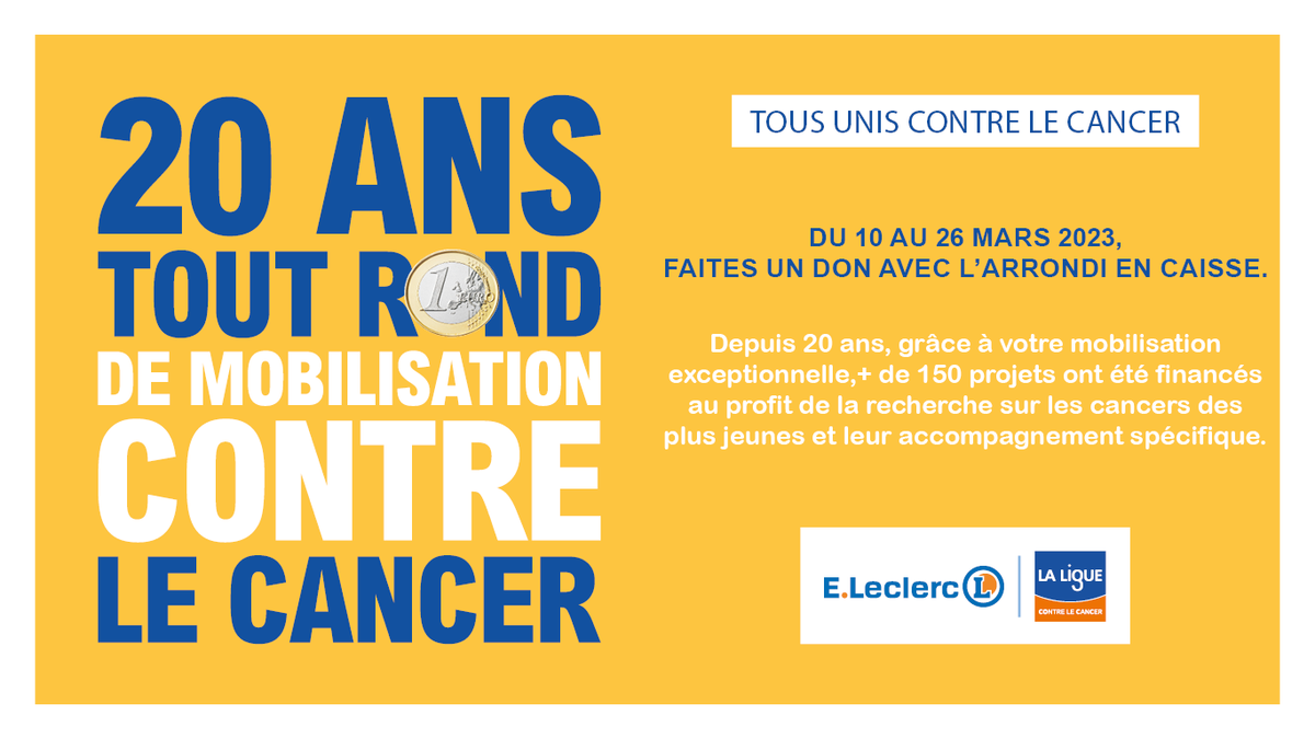 10,5 millions d'€ ont été collectés en 20 ans. Du 10 au 26 mars, la #recherche sur les cancers des enfants, adolescents et jeunes adultes est à l'honneur grâce à l'arrondi solidaire proposé en caisse dans les magasins participants ! <a href="/leclerc__/">Leclerc</a> <a href="/laliguecancer/">La Ligue contre le cancer</a> #solidarite #cancer