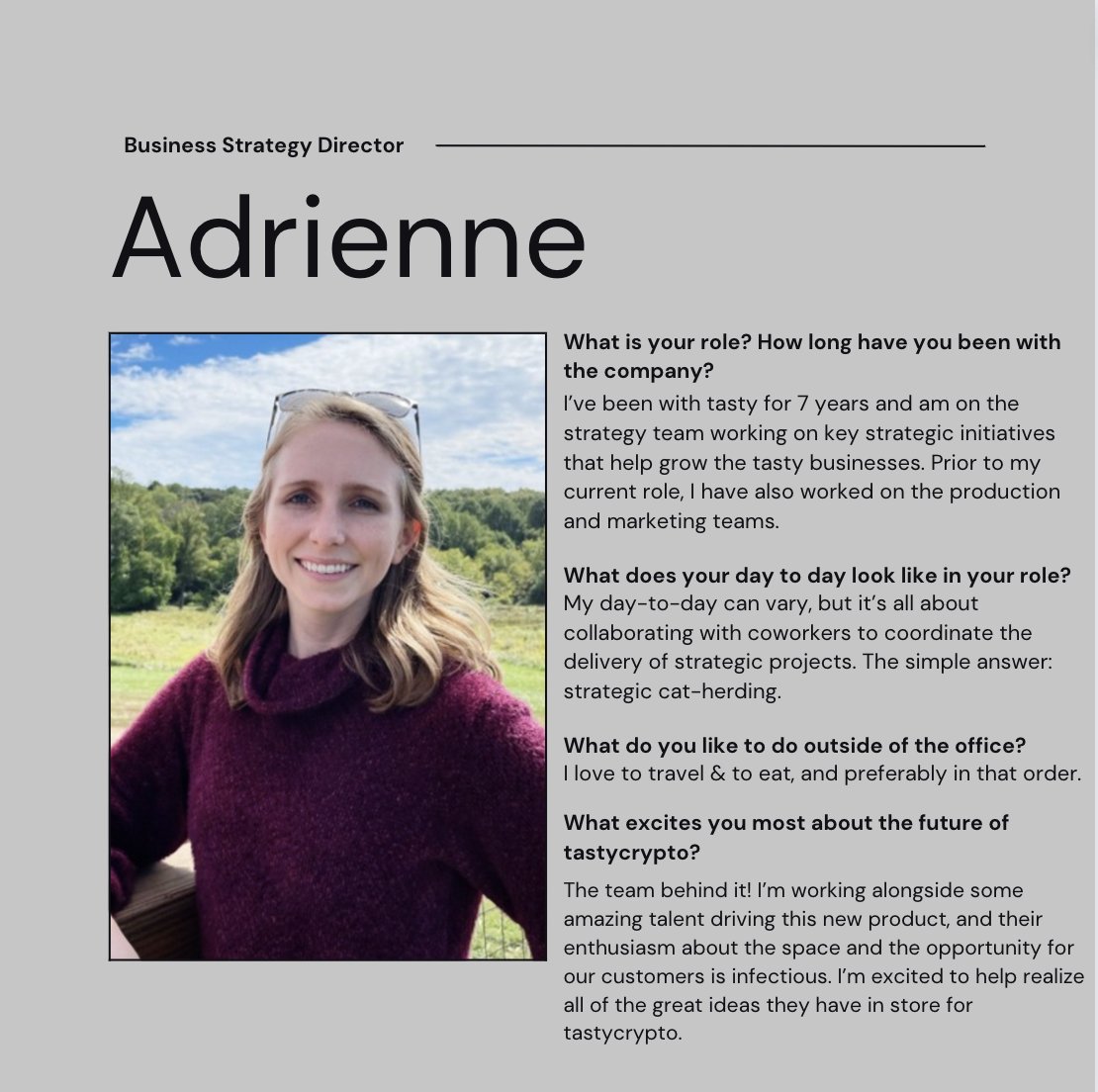 tastycrypto's tweet photo. Get to know your #tastycrypto team!

Meet Adrienne, our Business Strategy Director! https://t.co/2BkC0zyDPk