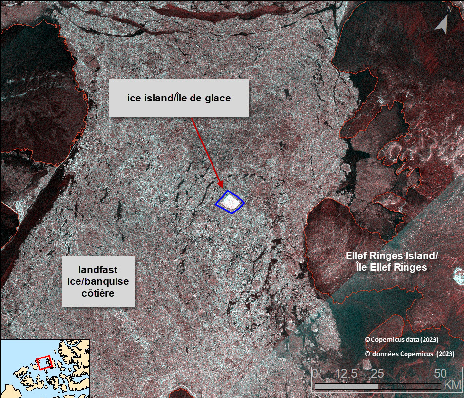 ECCC_CIS's tweet image. Sentinel #satellite image from March 8th showing a 28 km2 #iceisland (fragment of the #MilneIceShelf) embedded in the land fast old #seaice, ~26 km west of Ellef Ringnes Island. #Arctic #shipping #climate #iceberg