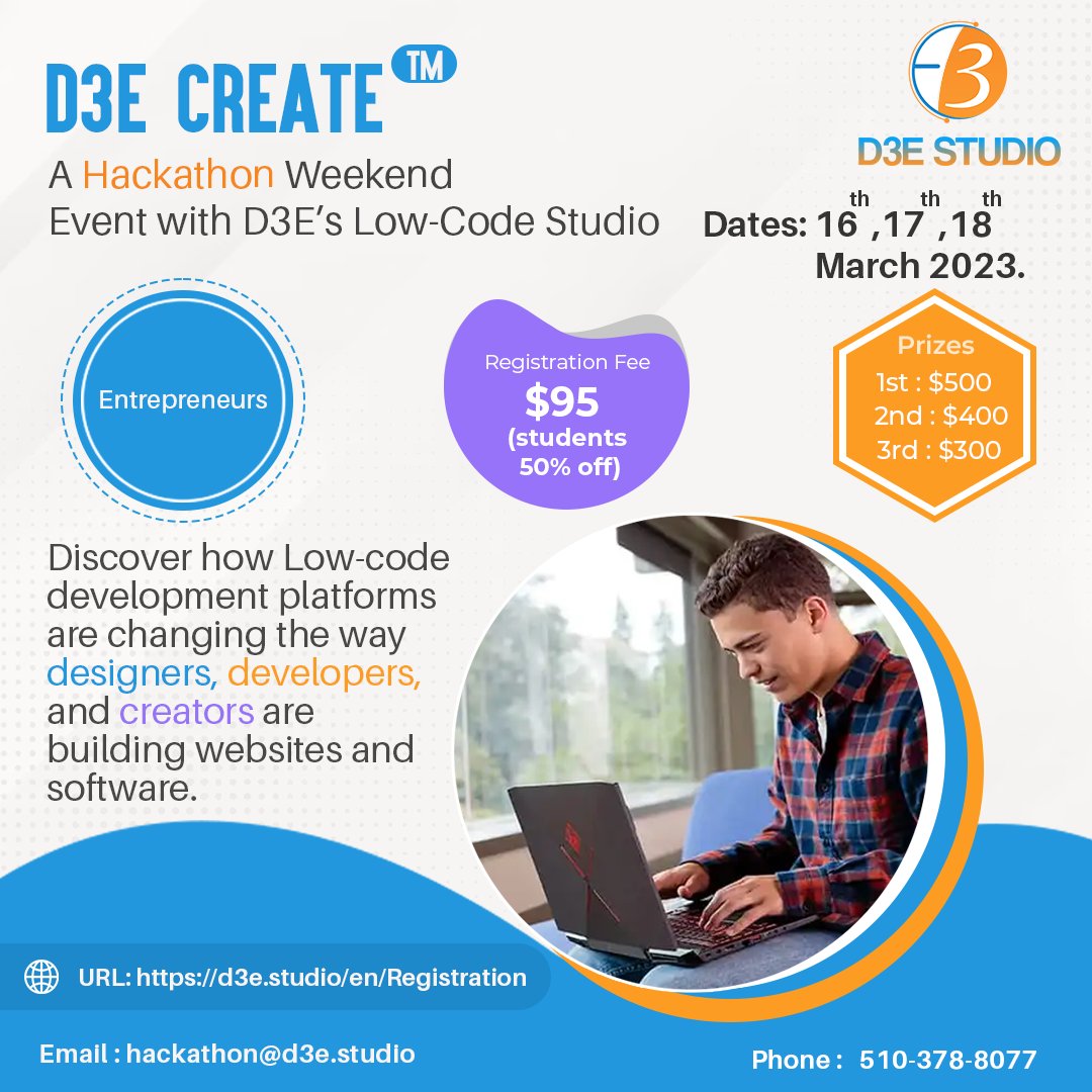 D3eStudio's tweet image. D3E Create | Calling all entrepreneurs! Are you looking to transform your innovative ideas into reality? Join our low-code hackathon and unleash your creativity to build robust and scalable solutions. Register now lnkd.in/gvUp6asy
.
.
#lowcodehackathon #entrepreneurship