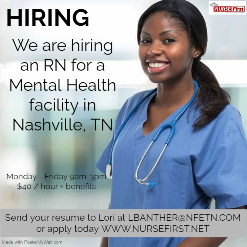 NOW HIRING for a Mental Health facility in Nashville, TN. 

Interested? Send your resume to Lori at lbanther@nfetn.com or apply online at nursefirst.net 

#nursefirst #hiring #ApplyNow #hiringnurses #rnjobs #nowhiring #HotJob #tennessee #TennesseeJobs #Nursing #Apply