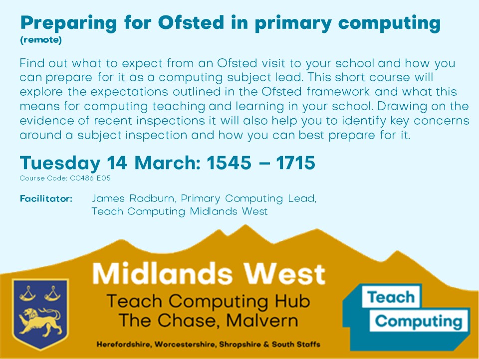 Teach Computing Midlands West (@tc_computinghub) on Twitter photo Now booking! Preparing for #Ofsted in primary computing
⭐️Join <a href="/mrradburn/">James Radburn</a> Tuesday 14 March at 1545
⭐️Free course for state-funded schools
➡️Make sure you have a STEM Learning account:
bit.ly/createSTEMacco…
✍️Sign up here: bit.ly/3mGYsPA Now booking! Preparing for #Ofsted in primary computing
⭐️Join <a href="/mrradburn/">James Radburn</a> Tuesday 14 March at 1545
⭐️Free course for state-funded schools
➡️Make sure you have a STEM Learning account:
bit.ly/createSTEMacco…
✍️Sign up here: bit.ly/3mGYsPA