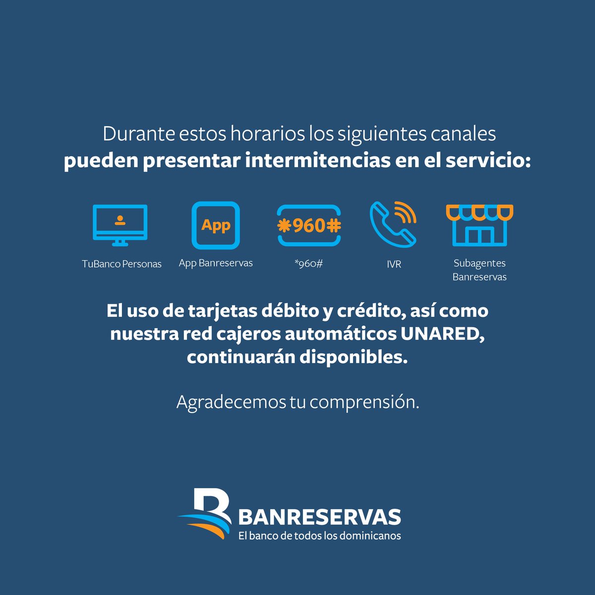 BanreservasRD's tweet photo. Durante este fin de semana, estaremos haciendo mantenimientos preventivos a nuestras plataformas tecnológicas, en los siguientes horarios: 

·  🕛 Sábado 11 de marzo desde las 11:00 p.m. hasta el domingo 12 a las 6:00 a.m. https://t.co/9lm49k6mhC