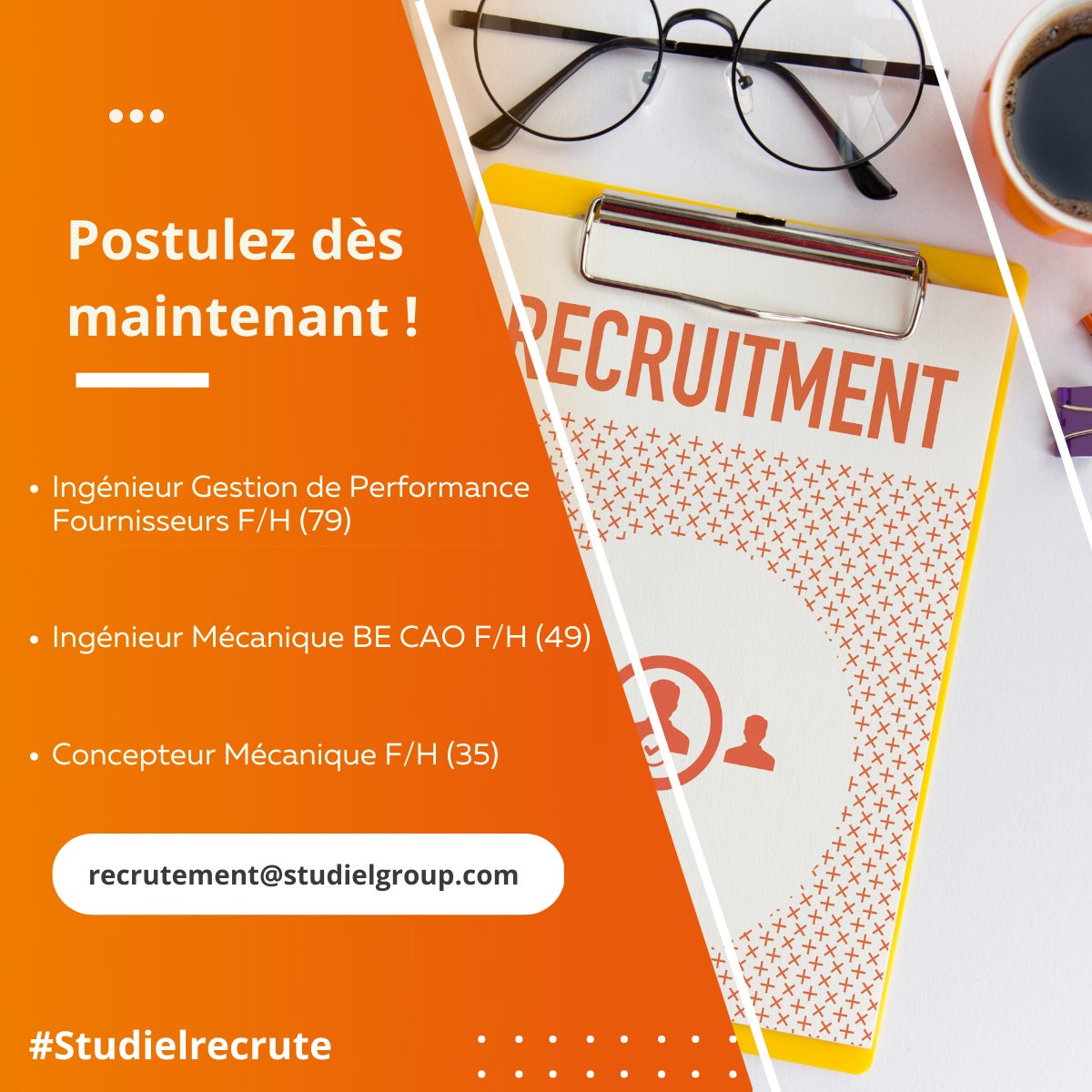 Cette semaine 3 nouveaux postes sont disponibles !
Retrouvez-les en détail ici : lnkd.in/dgTuyk7
Pour candidater, envoyez votre CV à recrutement@studielgroup.com

#Studielrecrute #recrutement