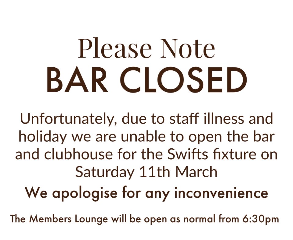Please note if you are planning on coming along to the game tomorrow afternoon.  The bar and clubhouse will be closed.
