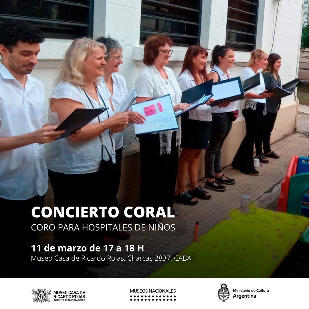 🎶 Te invitamos al #concierto a cargo del Coro para hospitales de niños de la Ciudad de Buenos Aires. 

Compartiremos Fragmentos de “Musicanto”, obra coral participativa.  
Mañana en Charcas 2837, CABA
#MuseoCasaRojas #Museosenmovimiento 
<a href="/MuseosNacion/">Museos y Patrimonio Nación</a> <a href="/CulturaNacionAR/">Cultura Nación</a>