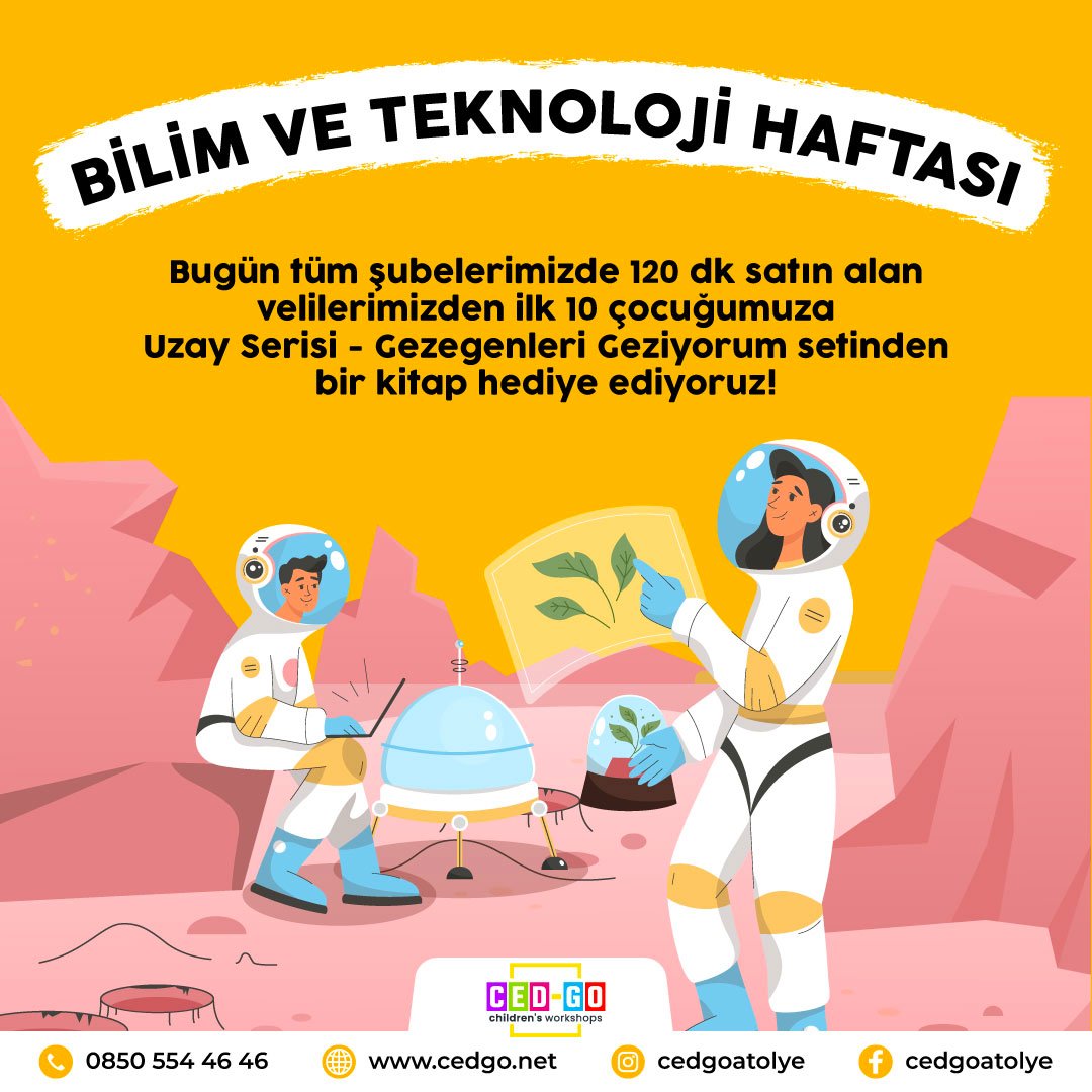 Cedgoatolye's tweet photo. Ced-Go’da hem oynayalım hem de bilgilenelim 📚🤩
Bugün her şubemizde, 120 dk paket süremizden satın alan velilerimizden ilk 10 çocuğumuza “Uzay Serisi - Gezegenleri Geziyorum” kitaplarından hediye ediyoruz.🪐🎁
#cedgo #cedgoçocukatölyesi #bilimveteknolojihaftası https://t.co/CSKG2n6bxP