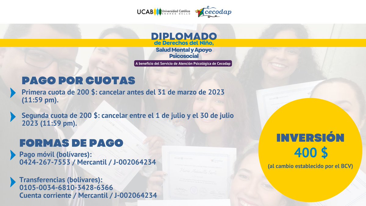cecodap's tweet image. El Diplomado de Derechos del Niño, Salud Mental y Apoyo Psicosocial se realizará entre los meses abril y agosto en forma presencial 

Los fondos serán destinados al Servicio de Atención Psicológica de @Cecodap, que hasta la fecha ha atendido a cerca de 19.000 personas desde 2017