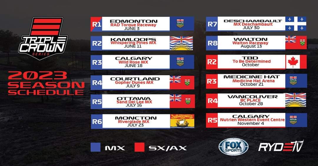 MedHatMX's tweet photo. 2023 Triple Crown Series Schedule 

SX/AX Round 3 in Medicine Hat on October 21 at the Medicine Hat Arena!

#triplecrownseries #mxcanada https://t.co/tST3OPXxU5