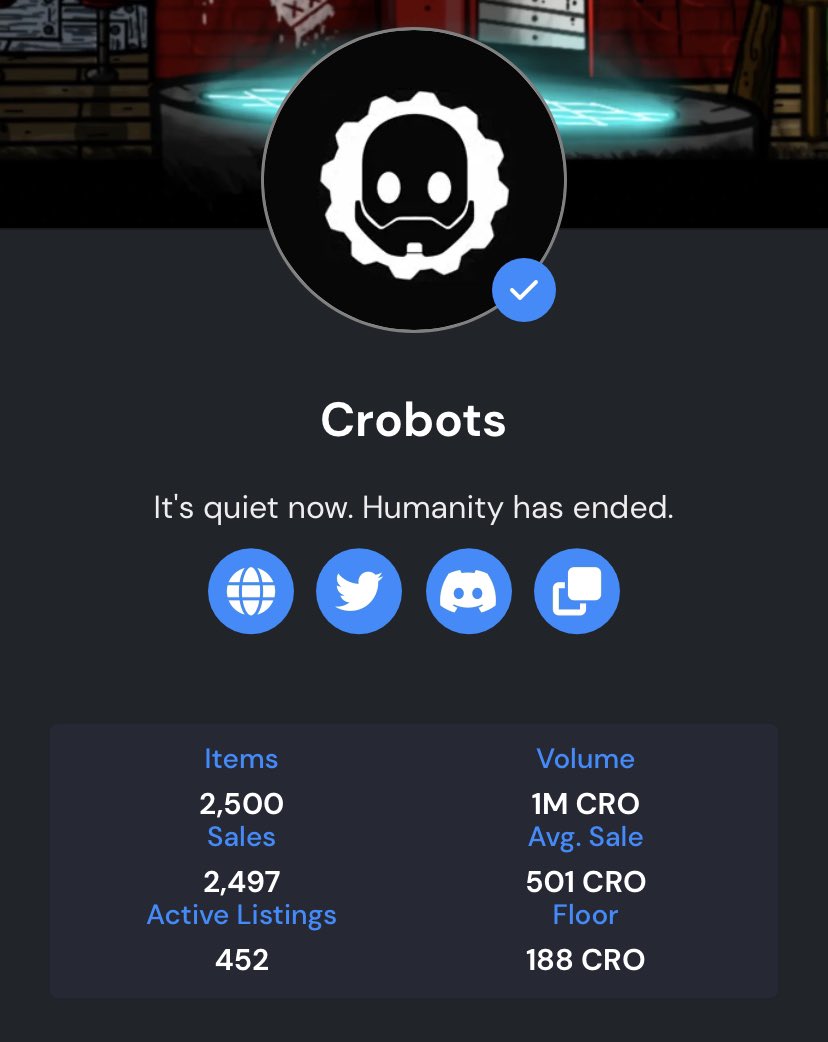 🤖❤️ bE3p Bo0p ❤️🤖

Major Milestone! We officially became the 36th project on <a href="/EbisusBay/">Ebisu's Bay | GameFi - NFT Market - DEX</a> to hit the 1 million volume mark! 

Thanks for all the support! 
#cro #cronos