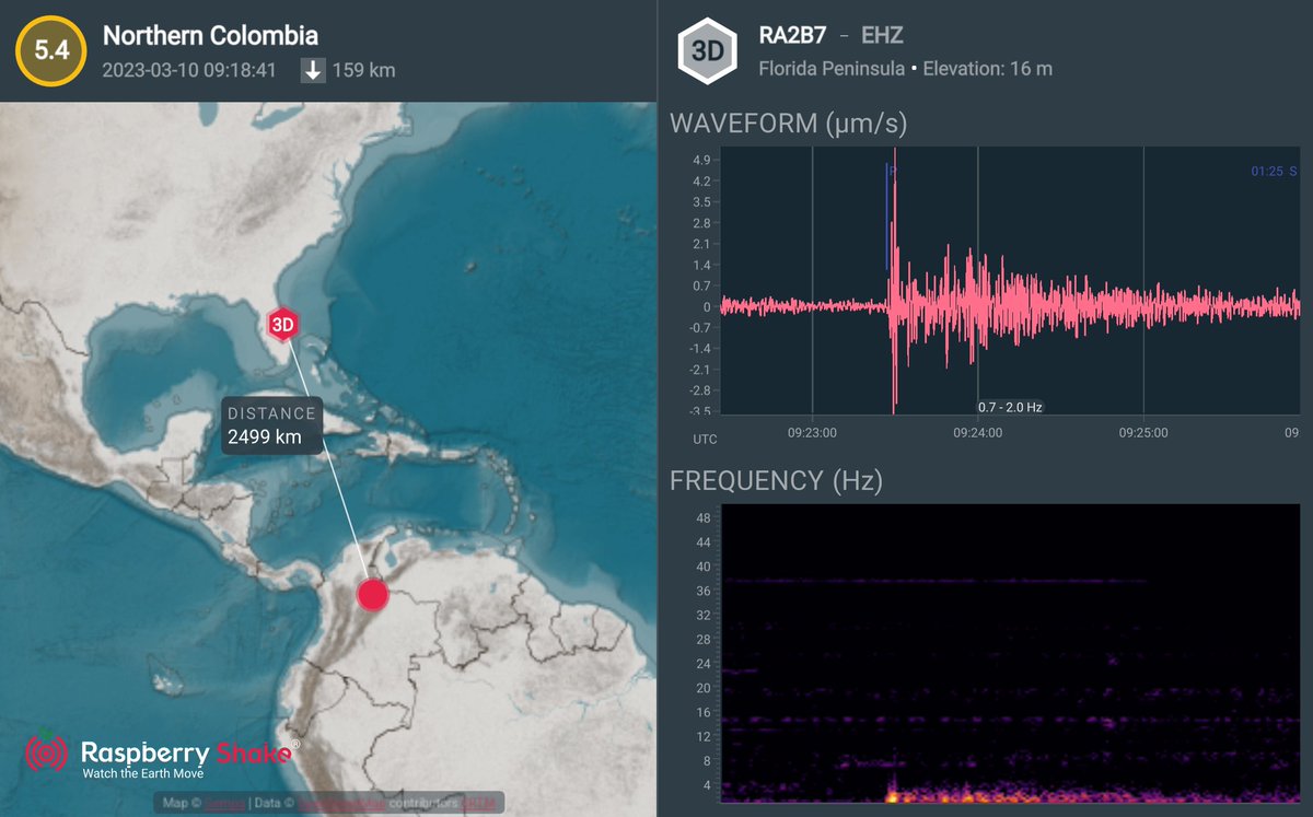 M 5.4 - Northern Columbia #Earthquake recorded on my Raspberry Shake 3D (AM.RA2B7) as a member of the #RaspberryShake #CitizenScience seismic network. See what's shaking near you with the @raspishake #ShakeNet mobile app.