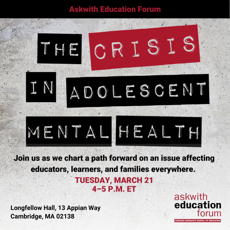hgse's tweet photo. Young people are facing a mental health crisis.

We're gathering experts like @LDamour and @DralishaMD to look at how community leaders, educators, and families can make sense of — and respond to — this crisis in our next #AskwithForum. Join us in person!