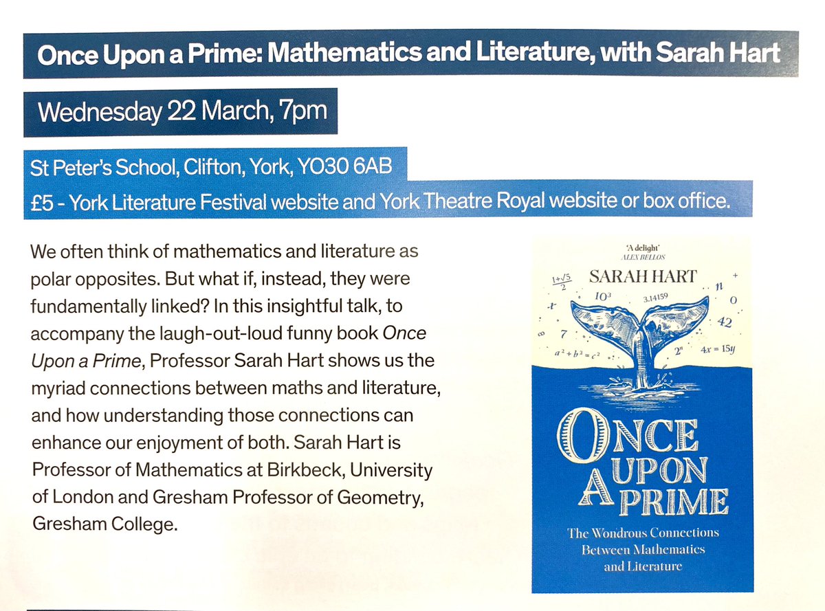 Once Upon a Prime 

Looking forward to Prof @sarahlovesmaths coming to <a href="/YorkLitFest/">York Literature Festival 📚</a> <a href="/StPetersYork/">St Peter's School, York</a> on Wed 22/3 with her hot off the press book &amp; an entertaining, thought provoking talk on the links between Maths &amp; Literature 

🎟yorktheatreroyal.co.uk/show/once-upon…