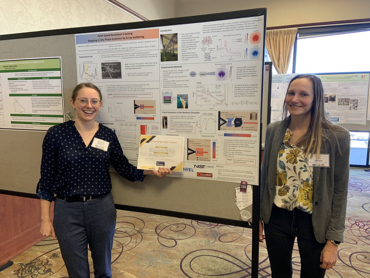 Excited to share that Sona Ulicna and I won a poster award at #PVRW last week for our poster ‘PVDF-based backsheet cracking: mapping in-situ phase evolution by X-ray scattering’ which featured work from our recent beamtime <a href="/SSRLnews/">SSRL</a>.   

<a href="/NREL/">NREL</a> <a href="/NIST/">National Institute of Standards and Technology</a>