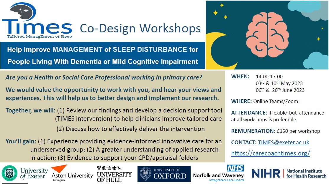 Join us to Co-Design a new Intervention that improves Sleep Disturbance for people living with #Dementia. Please share!! @theQCommunity @NIHRresearch @UKDRI @DementiaUK @dem_researcher @alzheimerssoc @AlzSocResearch