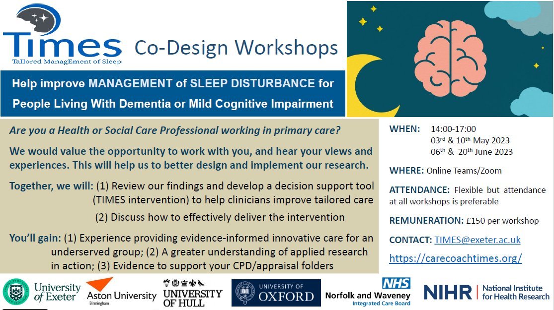 TIMES Trial (@trialtimes) on Twitter photo Join us to Co-Design a new Intervention that improves Sleep Disturbance for people living with #Dementia. Please share!!
<a href="/theQCommunity/">The Q community</a> <a href="/NIHRresearch/">National Institute for Health and Care Research</a> <a href="/UKDRI/">UK Dementia Research Institute</a> <a href="/DementiaUK/">Dementia UK</a> <a href="/dem_researcher/">Dementia Researcher</a> <a href="/alzheimerssoc/">Alzheimer's Society</a> <a href="/AlzSocResearch/">Alzheimer's Society For Researchers</a> Join us to Co-Design a new Intervention that improves Sleep Disturbance for people living with #Dementia. Please share!!
<a href="/theQCommunity/">The Q community</a> <a href="/NIHRresearch/">National Institute for Health and Care Research</a> <a href="/UKDRI/">UK Dementia Research Institute</a> <a href="/DementiaUK/">Dementia UK</a> <a href="/dem_researcher/">Dementia Researcher</a> <a href="/alzheimerssoc/">Alzheimer's Society</a> <a href="/AlzSocResearch/">Alzheimer's Society For Researchers</a>