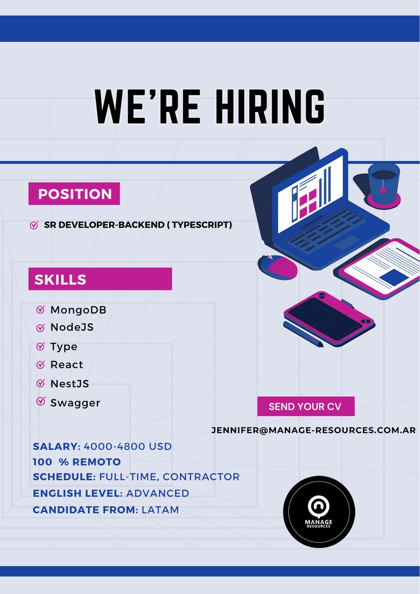 VIERNES ✨
Nueva búsqueda !! 🔍

Sr Developer-BackEnd ( Typescript )

💻100 % remoto
👉🏻Skills: MongoDB, NodeJS,Type, React,NestJS, Swagger
💰 USD
🌎LATAM
👉🏻Leer abajo lo que pide la empresa 👇🏻