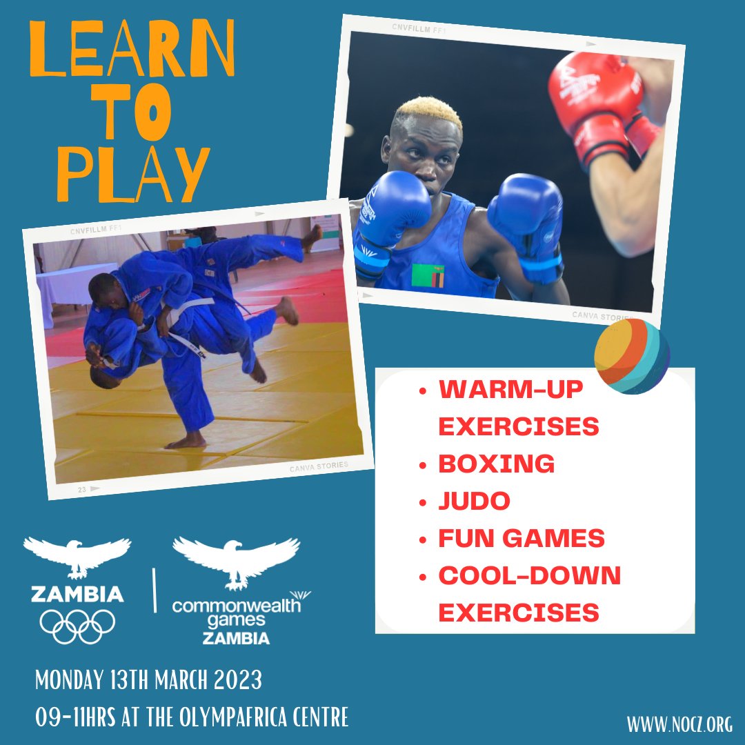 NOC_Zambia's tweet image. Exciting news! As part of 2023 National Youth Day, NOCZ presents &quot;Learn to Play&quot; - a one day session introducing kids 8-15 to the world of sports. Join us on March 13 at Olympafrica Centre in Lusaka as we engage with 50 children! #learntoplay