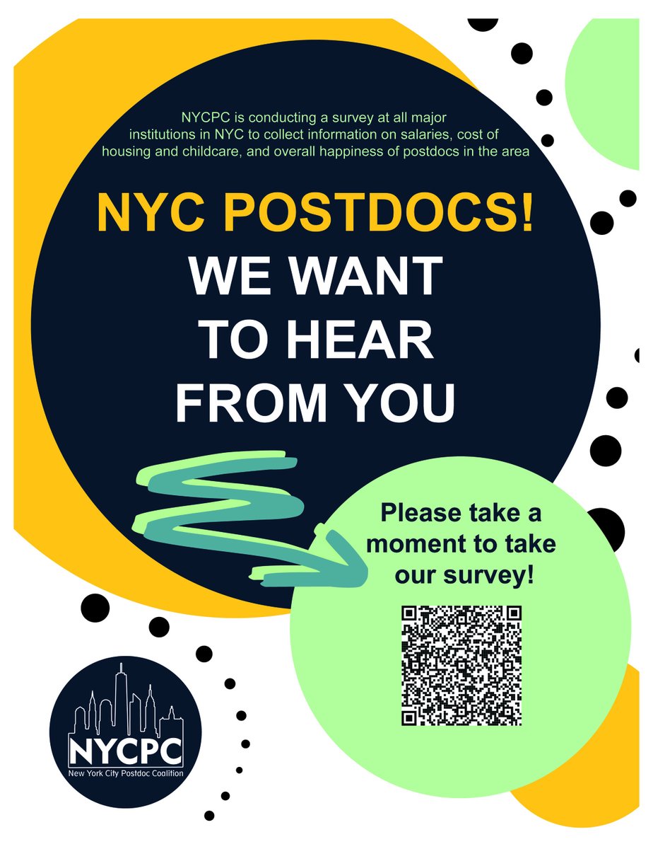 CUPostdocs's tweet image. If you haven't yet, please take a few minutes to complete the @NYC_Postdoc survey! 🙏
This is important to advocate for better living and working conditions for all of us! Fill it NOW, before it closes ✏️ tinyurl.com/yybbdp95