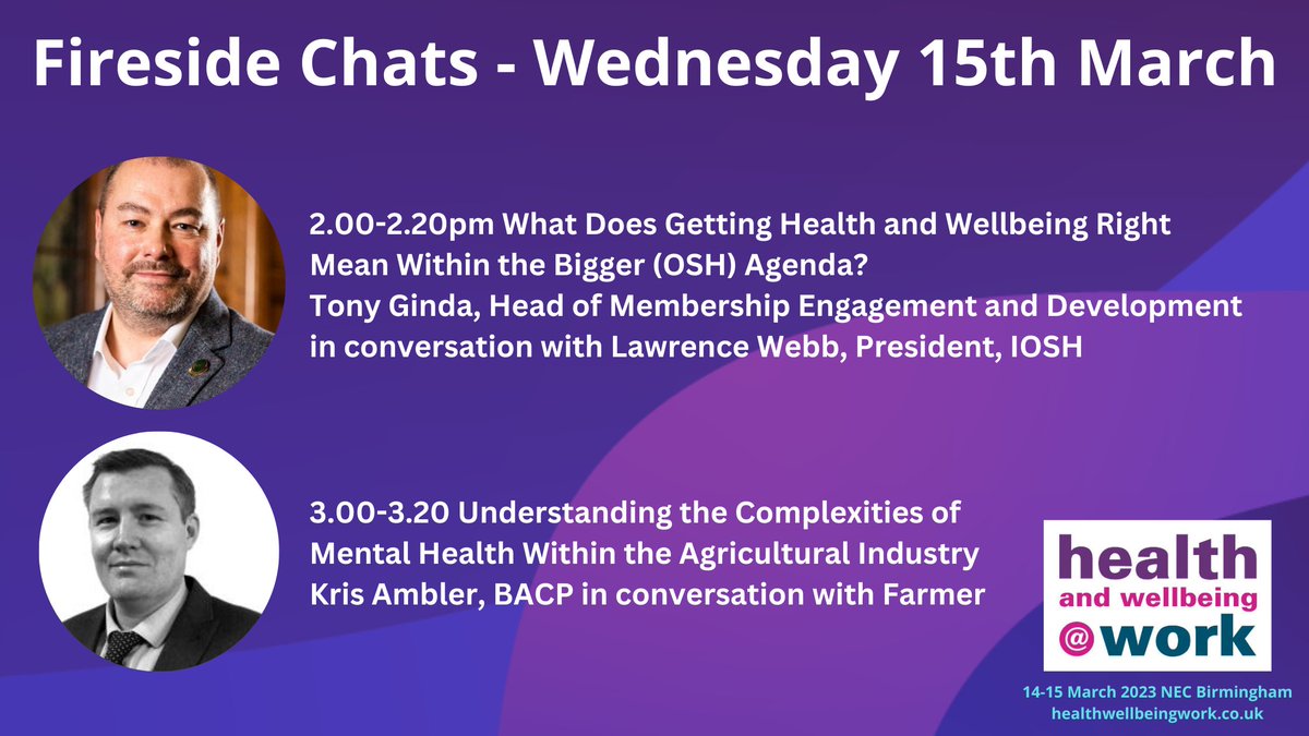 New for 2023, Health and Wellbeing at Work will be bringing you a number of interactive and informative Fireside Chats.

There's still time to register and join us! healthwellbeingwork.co.uk

#HealthatWork2023 #HWW2023 #HWatWork <a href="/IOSH_tweets/">IOSH</a> <a href="/BACP/">BACP</a>