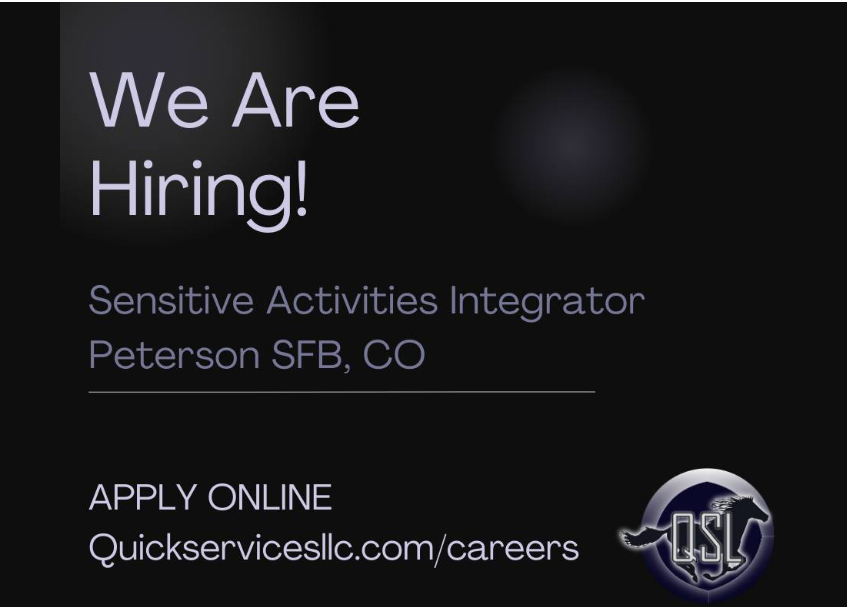 QSL638's tweet photo. QSL has an opportunity for a Sensitive Activities Integrator
@ Peterson SFB, CO.
To view the complete job description, APPLY at  https://t.co/tEia1hLwB5 

Email resumes to recruiting@quickservicesllc.com.

#hiringalert #hiring https://t.co/AZZvu6t399