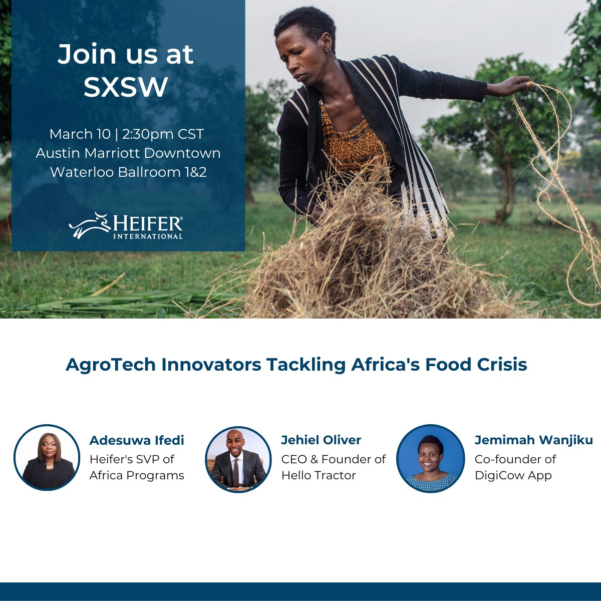 If you're at <a href="/sxsw/">SXSW</a>, join us 2:30-3:30 pm Marriott Waterloo Ballroom 1-2 !! 
<a href="/Heifer/">Heifer International</a> <a href="/HeiferCEO/">Surita Sandosham</a> <a href="/HelloTractor/">Hello Tractor</a> <a href="/DigicowApp/">DigiCow Dairy App</a> <a href="/AyuteAfrica/">AyuteAfrica</a> <a href="/UTAustin/">UT Austin</a> <a href="/acltv/">Austin City Limits</a>