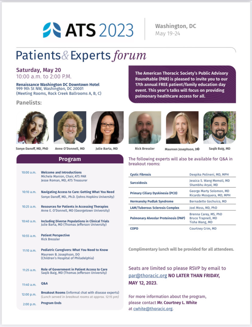 JRomanMD's tweet photo. Looking forward to the PAR Patients and Experts Forum during the 2023 ATS Meeting in DC in May. https://t.co/efYpk5teRa