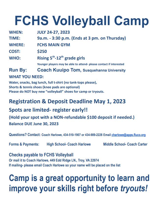 FlucoActivities's tweet photo. Fluvanna volleyball camp information is out now. If you have any questions, please reach out to Coach Harlowe (charlowe@apps.fluco.org)
#GoFlucos https://t.co/12ez8SpcKA