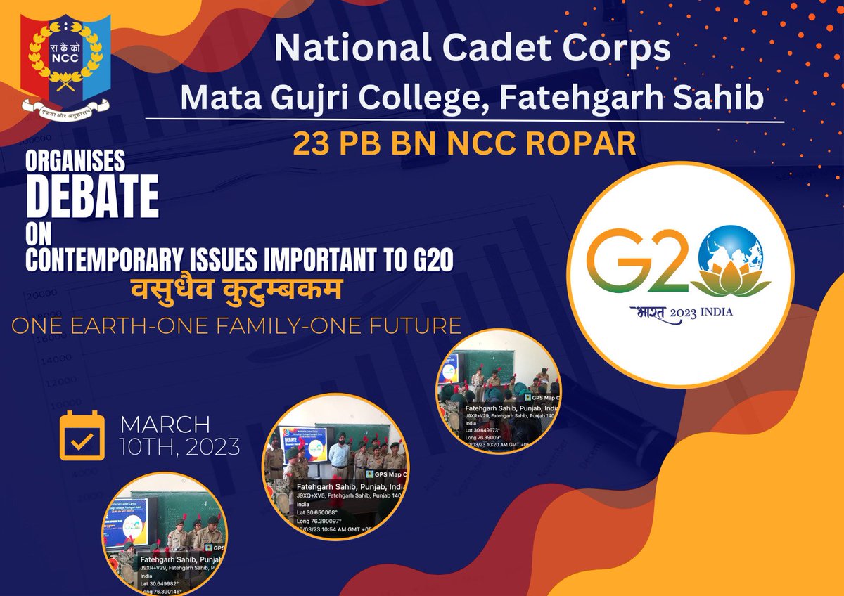 NccMgc's tweet photo. #g20 23 PB BN NCC UNIT ROPAR Mata Gujri College Fatehgarh Sahib organises discussion on #g20india of #G20Summit theme #oneearthonefamilyonefuture Cadets participated whole heartedly under the guidance of CTO Pushpinder Singh
#g20agri2023
@HQ_DG_NCC @NccMgc @CPhhp @Pushpinder2112 https://t.co/TnfJ3A8qnI