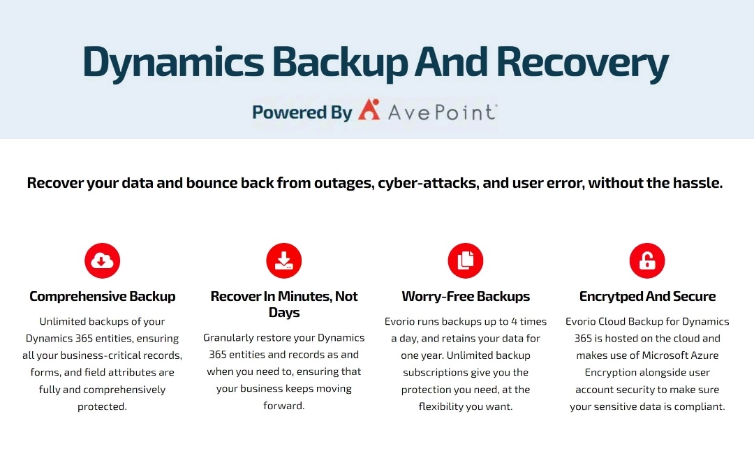 Evorio365's tweet photo. It shouldn't be a hassle to recover your CRM data if you've suffered an incident #Dynamics365 #backups https://t.co/8wWTPno80o https://t.co/6YNapvZK1h