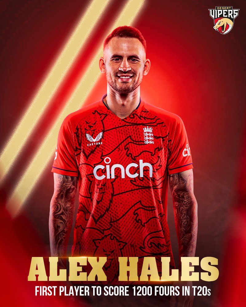 Can’t stop, won’t stop!🌪️

#ICYMI, <a href="/AlexHales1/">Alex Hales</a> became the first player to score 1️⃣2️⃣0️⃣0️⃣ fours in #T20s 🔥

#DesertVipers #FangsOut