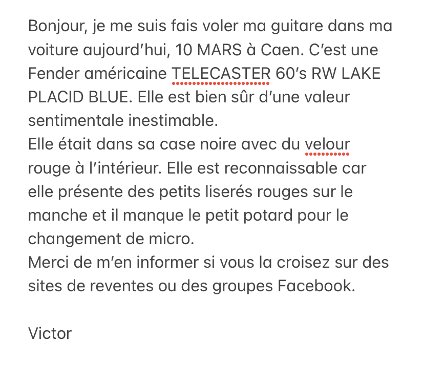 victormusique's tweet photo. // VOL GUITARE // 

Merci de partager un max. https://t.co/X0efXxSrfL