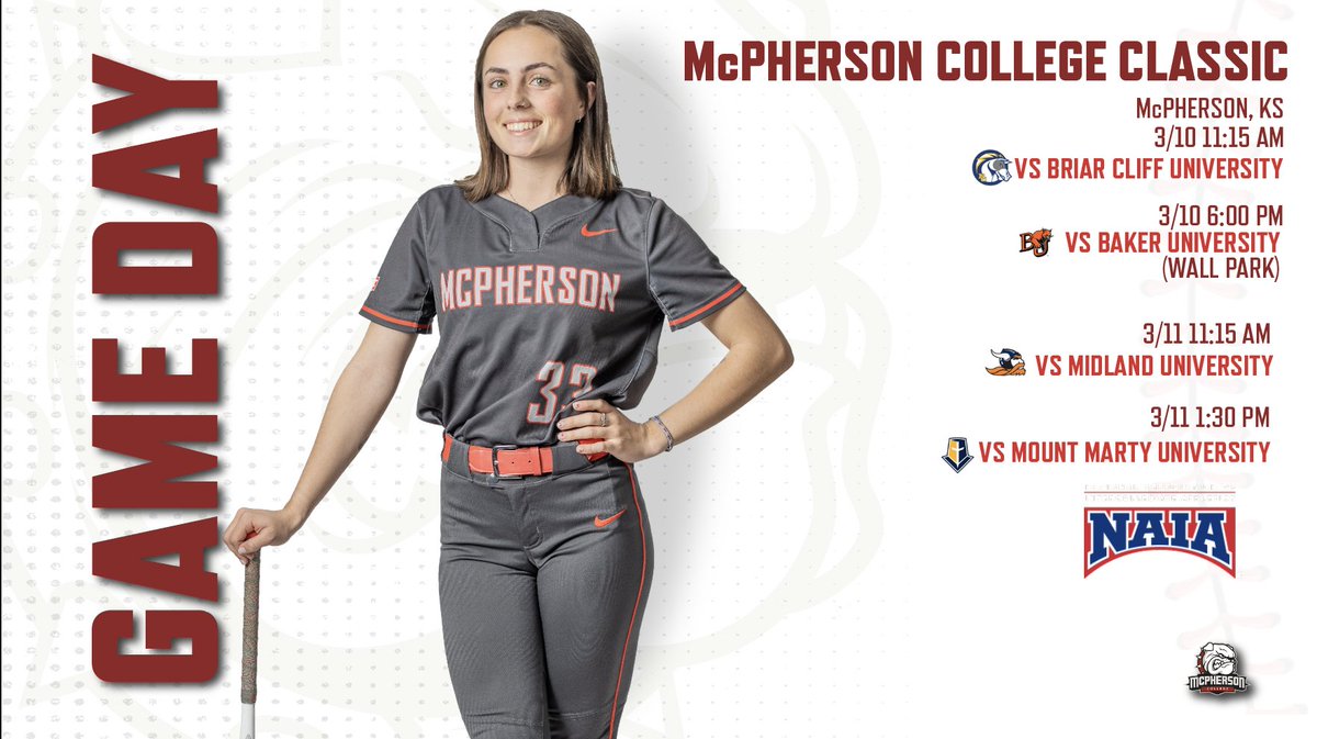 🚩 GAME DAY 🚩 
McPHERSON COLLEGE CLASSIC
🆚 Briar Cliff University
⏰ 11:15 AM
🆚 Baker University
⏰ 6:00 PM (Wall Park)
📍 McPherson, KS
📺 kcacnetwork.com/mcpherson/
📊naiastats.prestosports.com/sports/sball/2…

🎟️macbulldogs.com/sports/2020/8/…
#BulldogPride