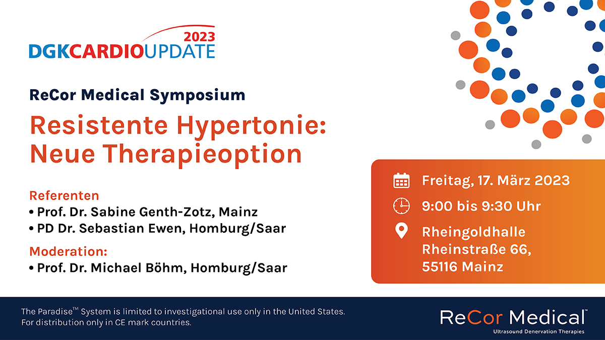 RecorMedical's tweet photo. Attending DGK Cardio Update in Mainz?
Hear experts discuss new therapy options for 
resistant #hypertension @ReCorMedical Symposium on 
Date: Friday, March 17
Time: 9:00 am CET
Location: Rheingoldhalle, Mainz
#uRDN #uRDNReCor #RenalDenervation #CardioEd #Cardiotwitter https://t.co/ofXl60Bw8K