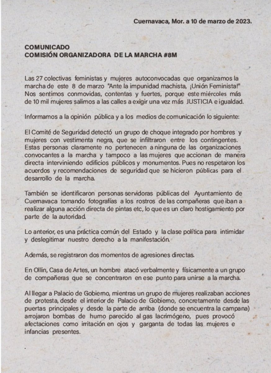 ProReporMor's tweet photo. Ante las agresiones que se presentaron durante la marcha del #8M en Cuernavaca, la evidente infiltración de grupos de choque y el hostigamiento por parte d servidores públicos estatales y municipales, 27 colectivas feministas y mujeres autoconvocadas manifestamos lo siguiente:⬇️ https://t.co/qcADi7Y8sk