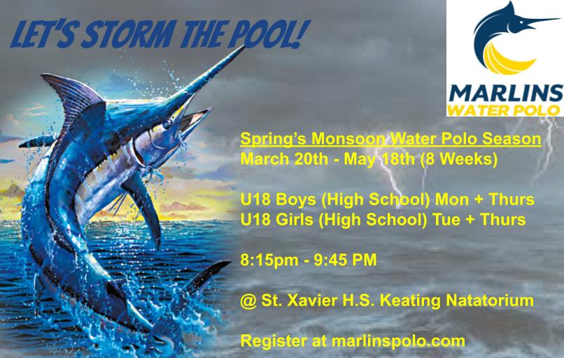 Let the rains come! Lets storm the Pool! The Spring Monsoon Water Polo Season for Cincinnati Marlins Water Polo starts March 20th. Registreation is open at marlinspolo.com